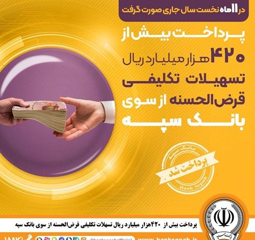 پرداخت ۴۲۰ هزار میلیارد ریال تسهیلات تکلیفی قرض‌الحسنه توسط بانک سپه